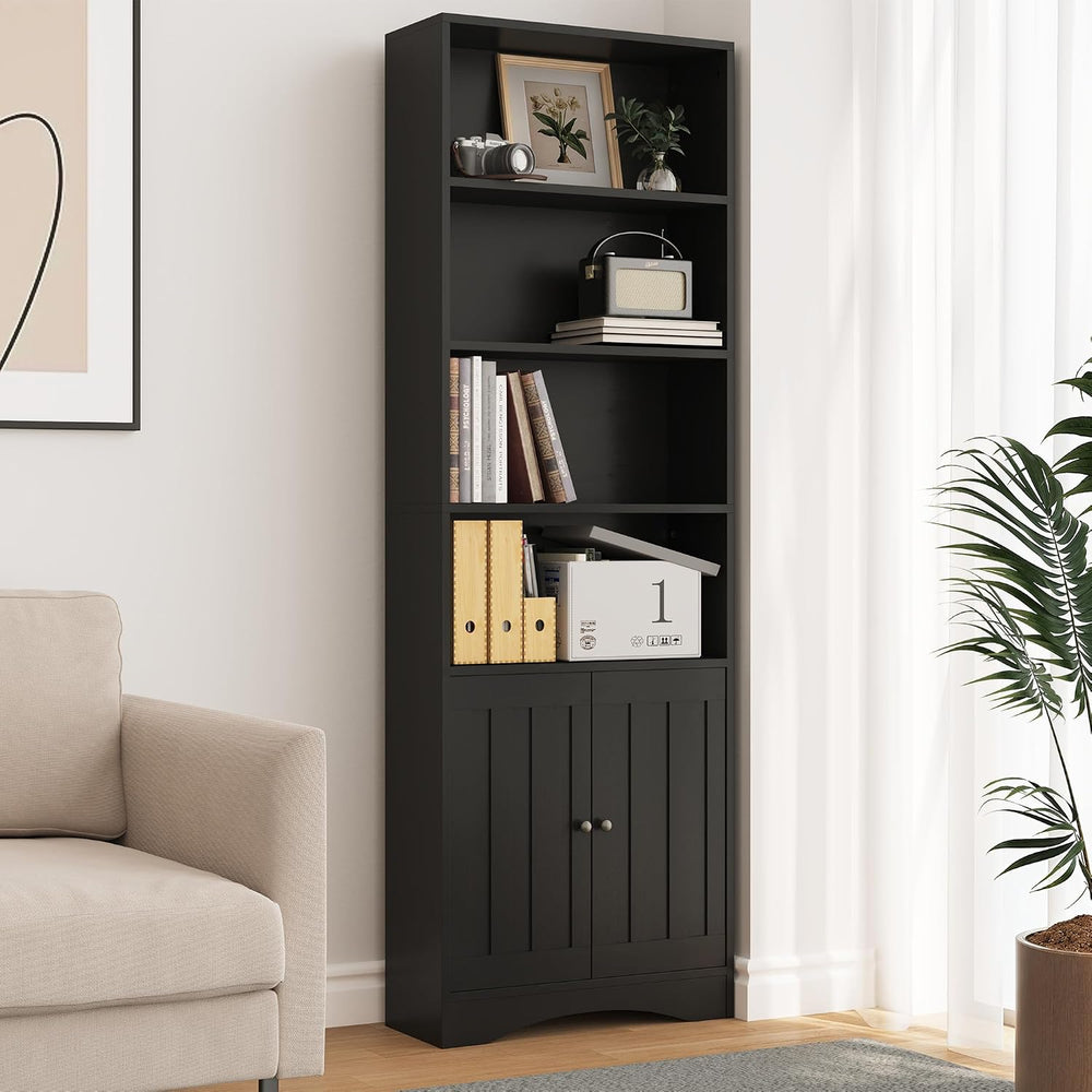 Gizoon 71’’H 6-Shelf Bookcase with Doors, Black Bookcase and Bookshelves