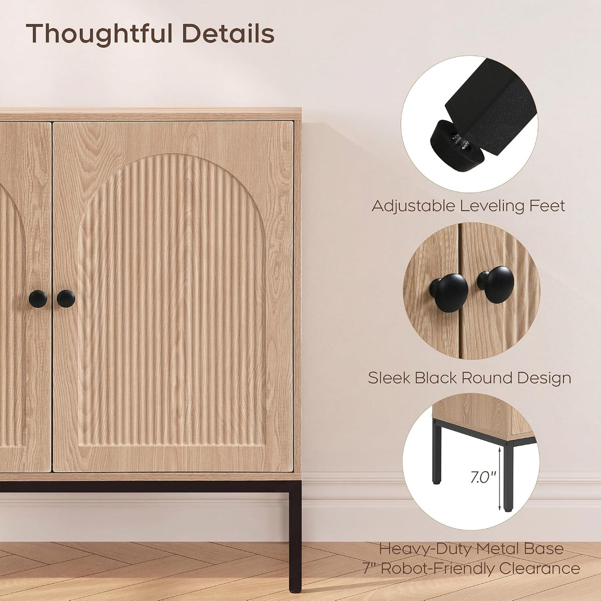 Yechen Modern Fluted Sideboard Buffet Cabinet with Storage, Natural Oak
