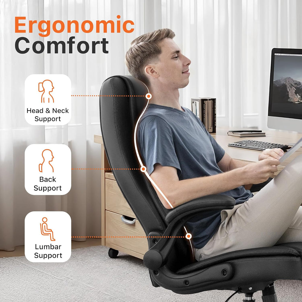 NEO CHAIR Office Desk Chair, High Back PU Leather with Flip-up Arms, Black