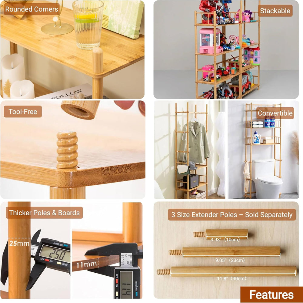 4‑Tier Expandable Bamboo Open Bookcase,Wooden Bookshelf,Natural
