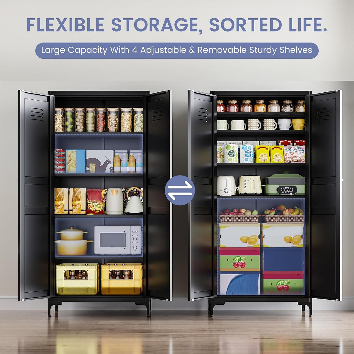Black Kitchen Pantry Storage Cabinet,Pantry Cabinets with Doors and Adjustable Shelves,Metal Cabinet with Feets for Kitchen,Pantry,Dinning Room,Bathroom,Living Room,Cupboard(Black)