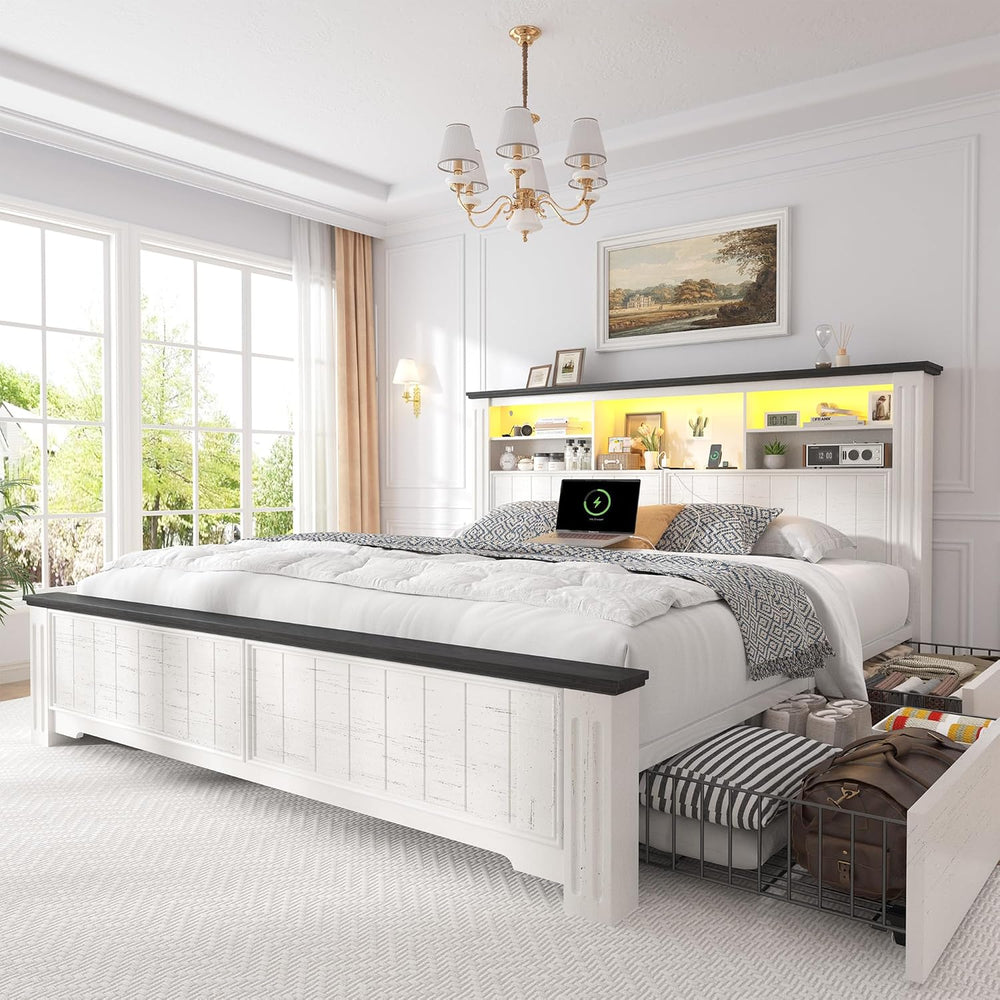 EnHomee Queen Bed Frame with Headboard and Storage,4 Drawers,White