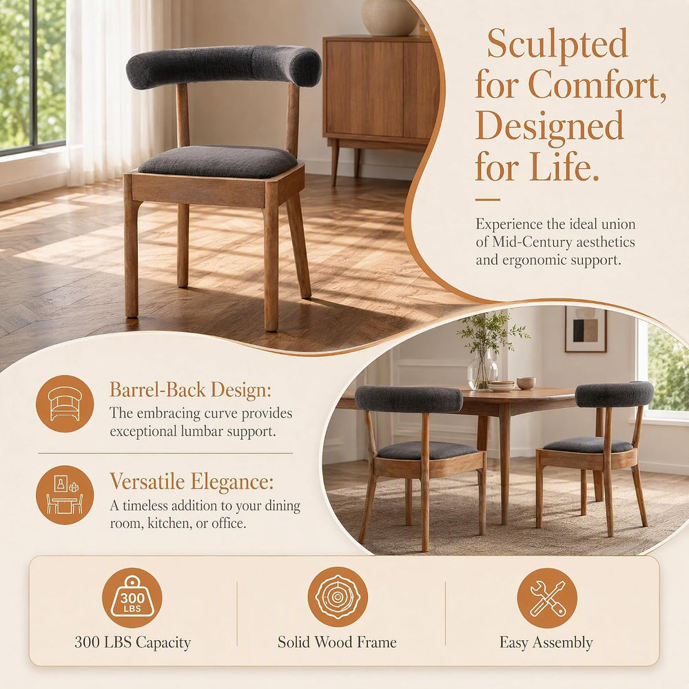 Wooden Dining Chairs Set of 4, Barrel Backrest, Charcoal