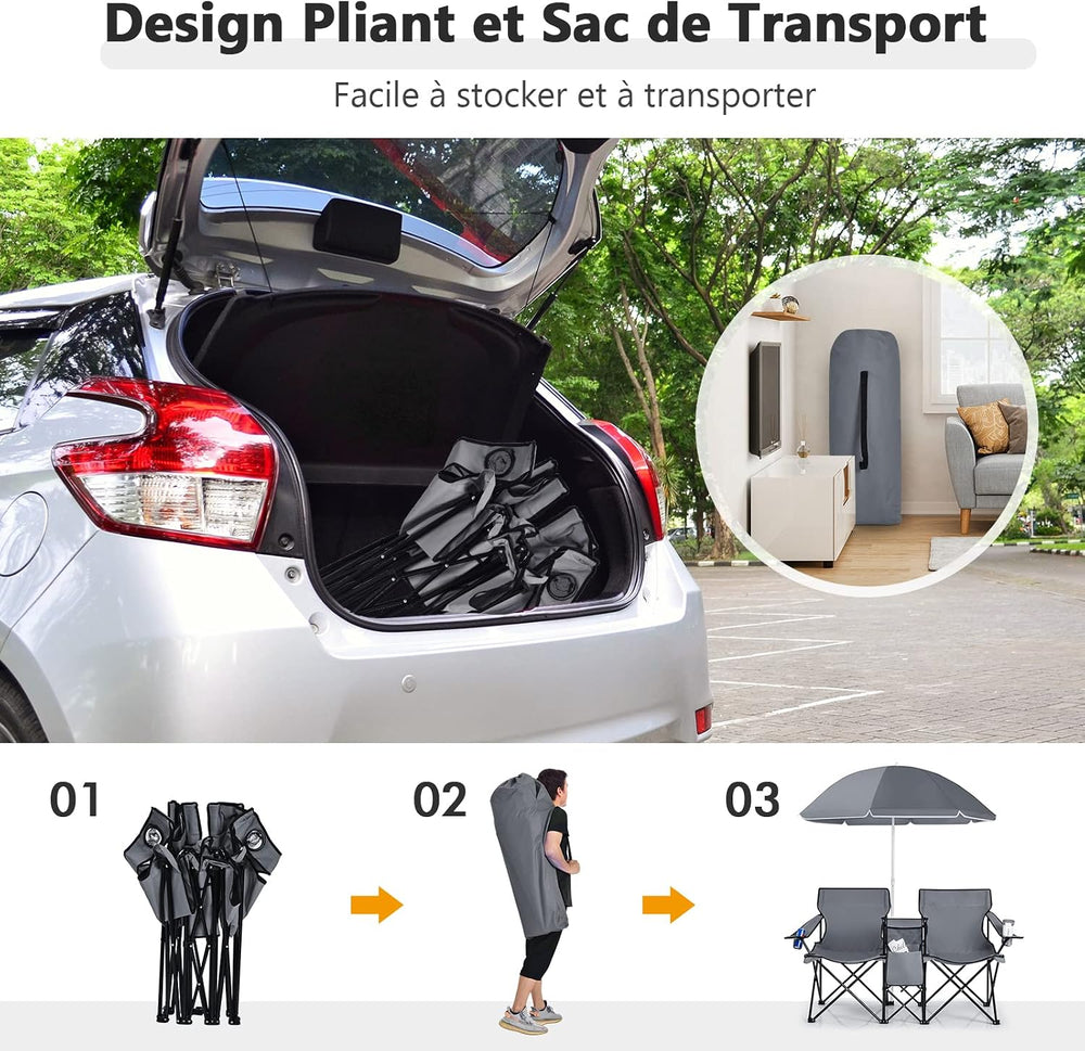 COSTWAY Folding 2 Seater Camping Chair with Parasol and Cooler, Grey