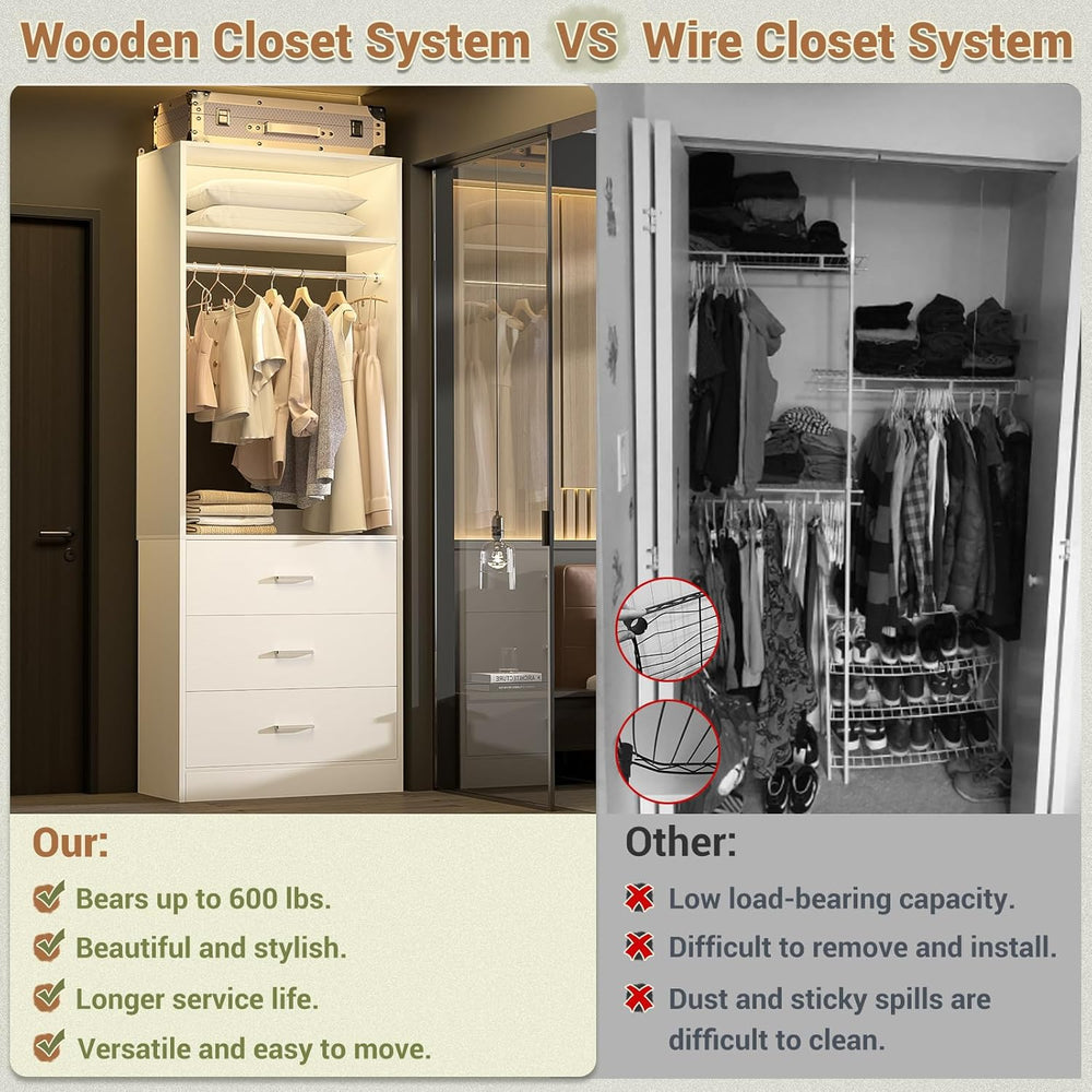 Besiost Freestanding Closet System with 3 Drawers, Wood Closet Organizer