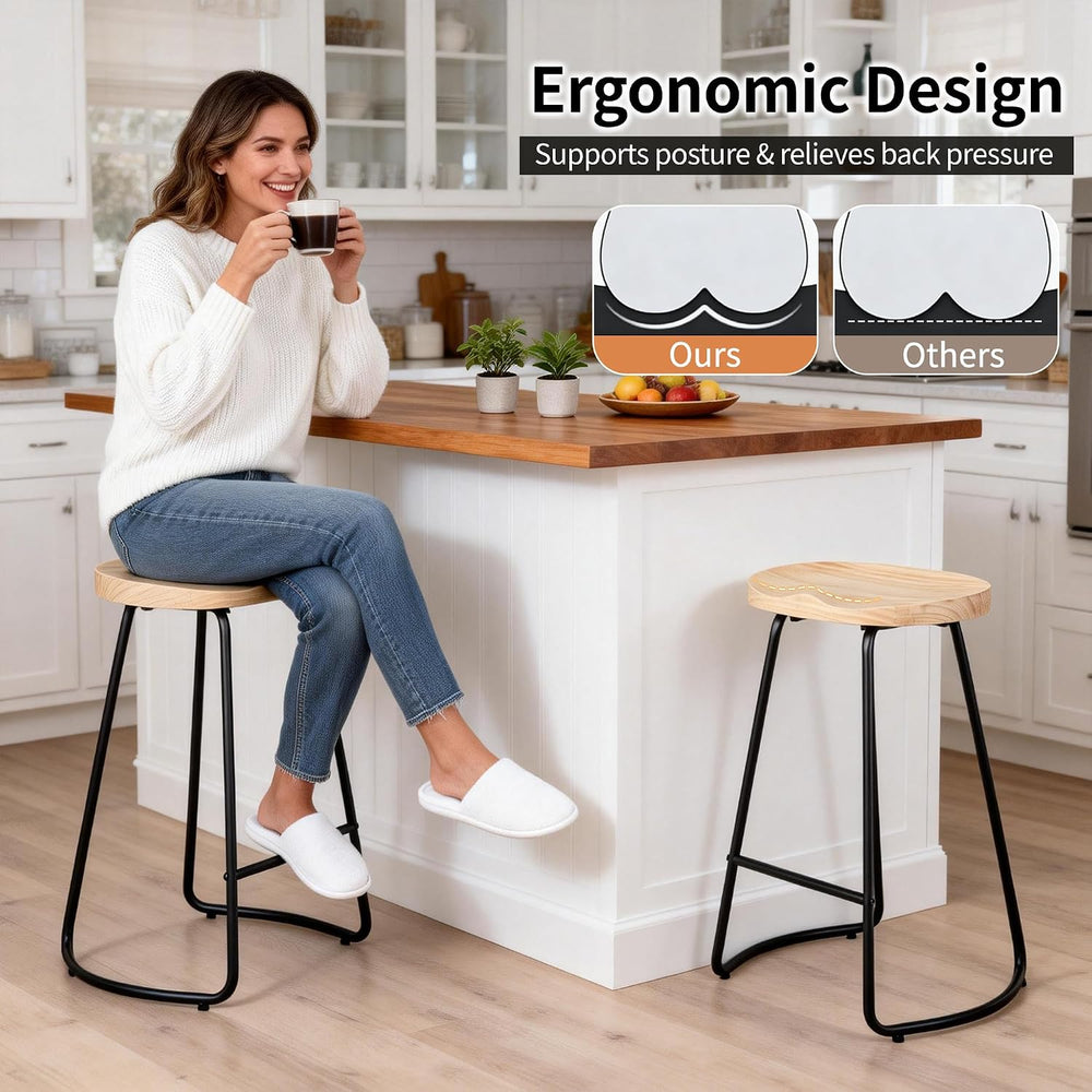 HeuGah 26" Wood Bar Stools Set of 4, Rustic Backless Saddle Counter Stools