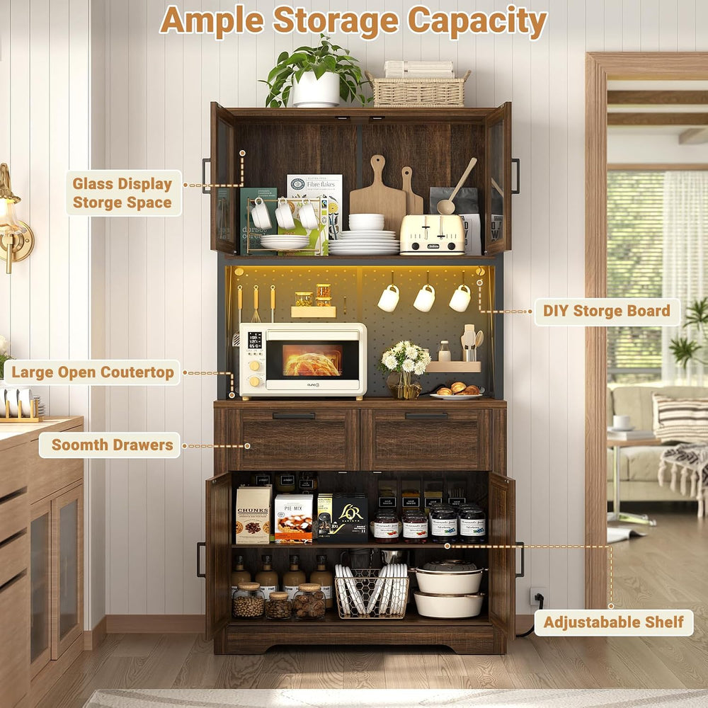 Unikito 71" Kitchen Pantry Cabinet with LED Light & Outlet, Microwav...