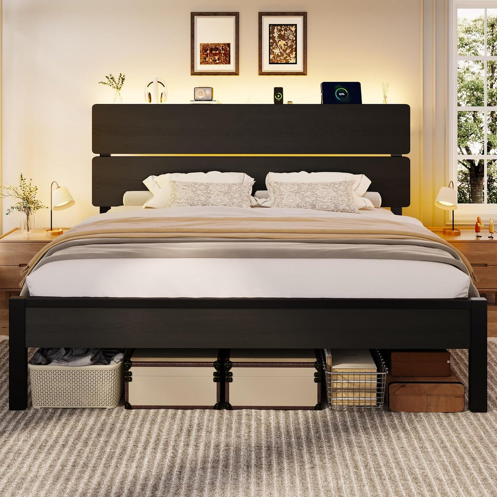 SHA CERLIN King Size Bed Frame, Led Light, Charging Station, Storage Shelf