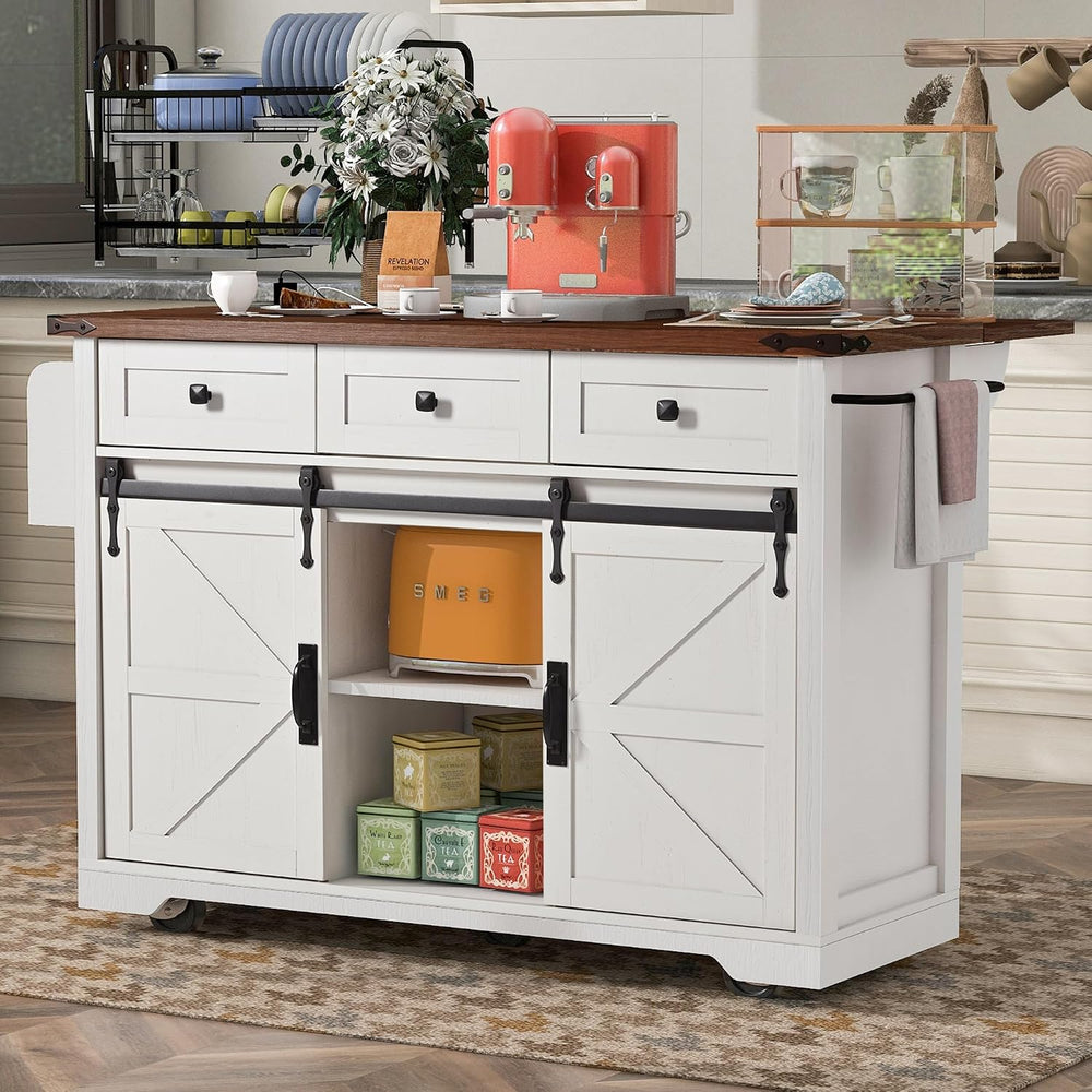 53.7" Farmhouse Kitchen Island with Sliding Barn Doors, White