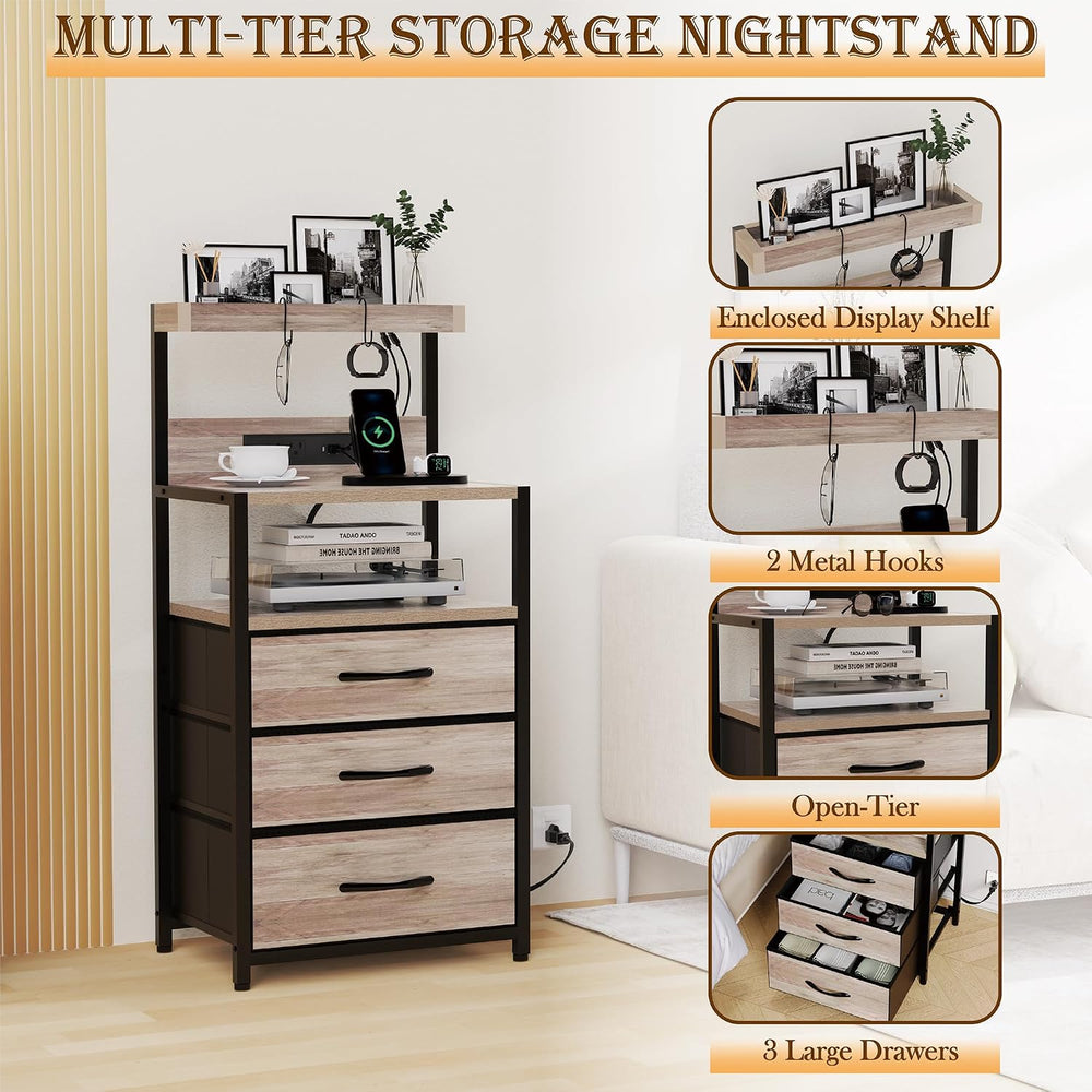 SZLHANJZ Nightstand Set of 2, with Charging Station, 3 Fabric Drawers