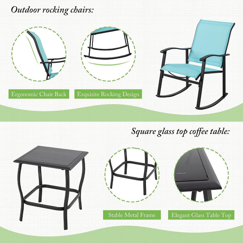 Shintenchi 3 Piece Rocking Bistro Set, Outdoor Furniture with Rocker Chairs a...