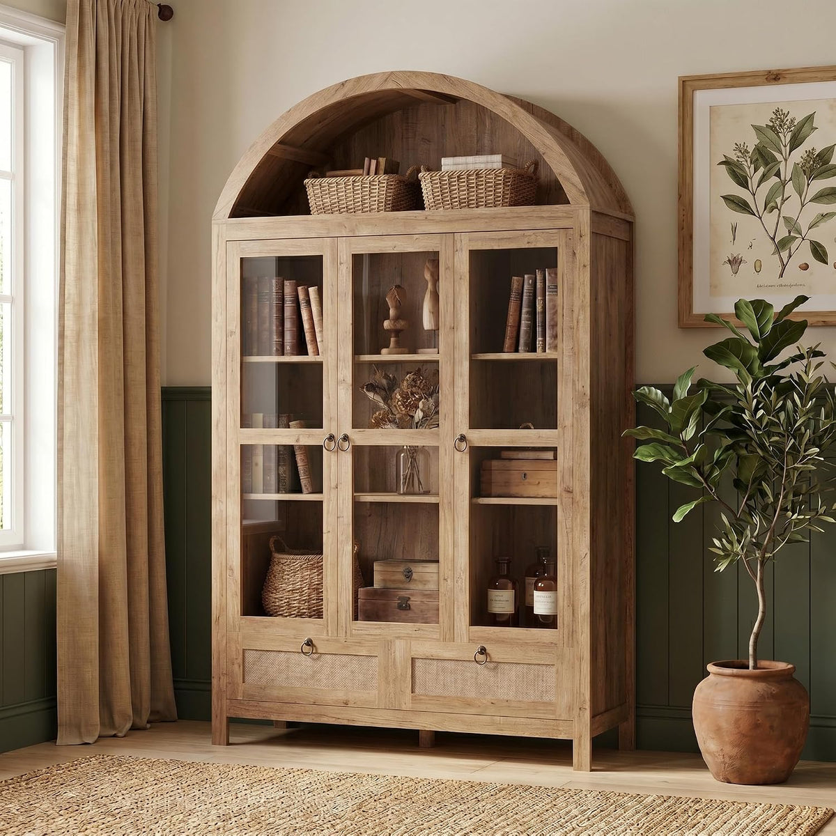 TYBOATLE 75'' Arched Cabinet Classic Farmhouse Design w/Three Glass Doors, Arch Cabinet w/Rattan Drawers and Anti-Tipping Device, Versatile Cupboard for Kitchen, Bathroom, Natural