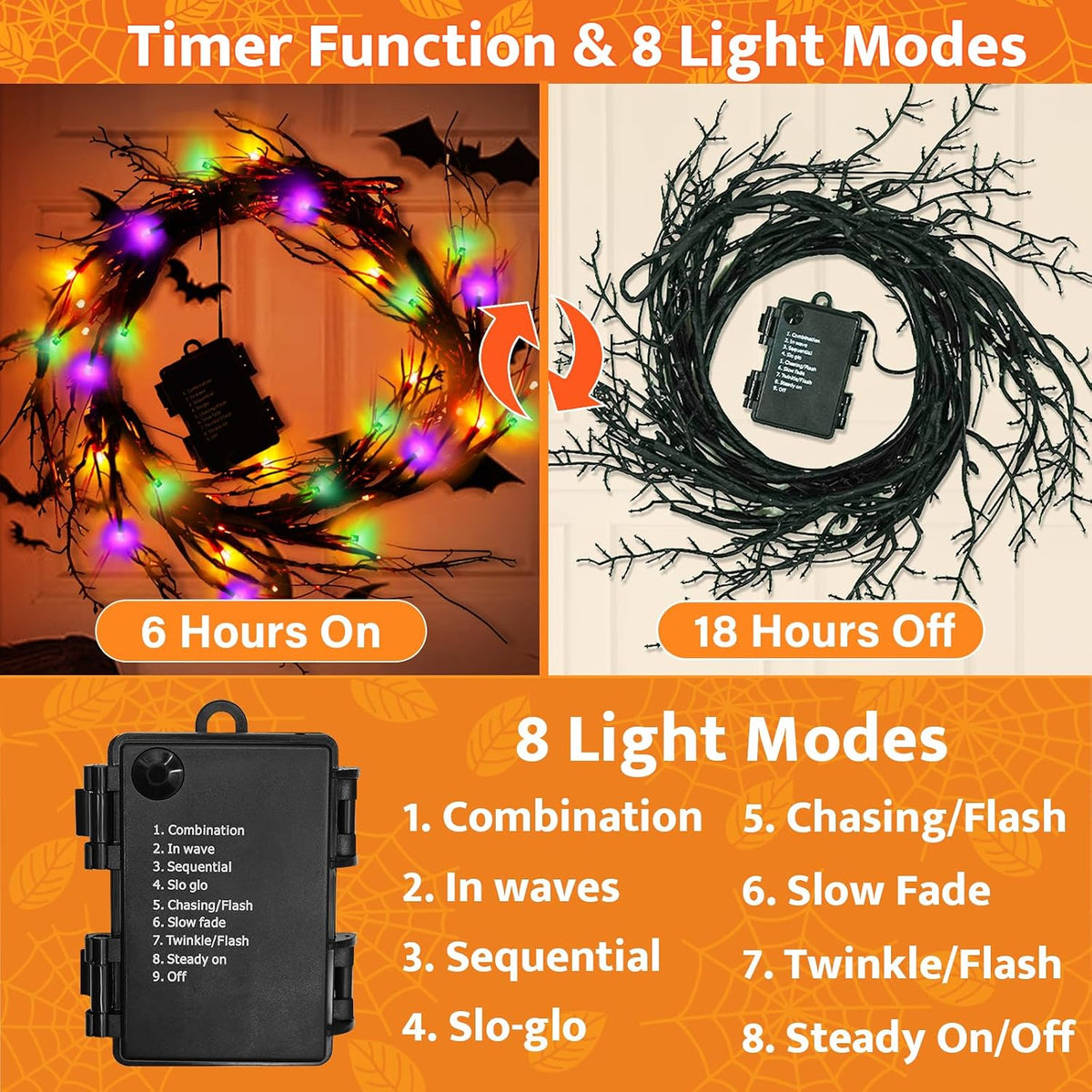 9Ft 72 LED Halloween Willow Vine Twig Garland with Lights - 8 Modes & Timer, Orange,Purple and Green, Waterproof Battery Operated for Mantle, Wall, Fireplace, Indoor Halloween Decorations