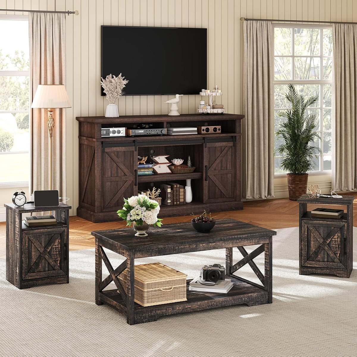 AMERLIFE 4-Piece Living Room Table Set with 66" TV Stand, Barnwood | Coffee Table & 2 End Tables, Sliding Barn Door TV Stand, Storage Shelves, Built-in Charging Station, USB Port
