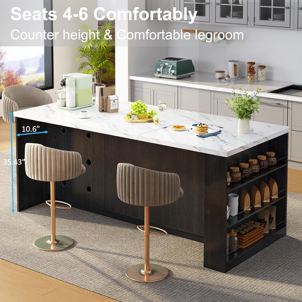 IBF 71" Modern Large Kitchen Island with Storage, White Faux Marble &amp...