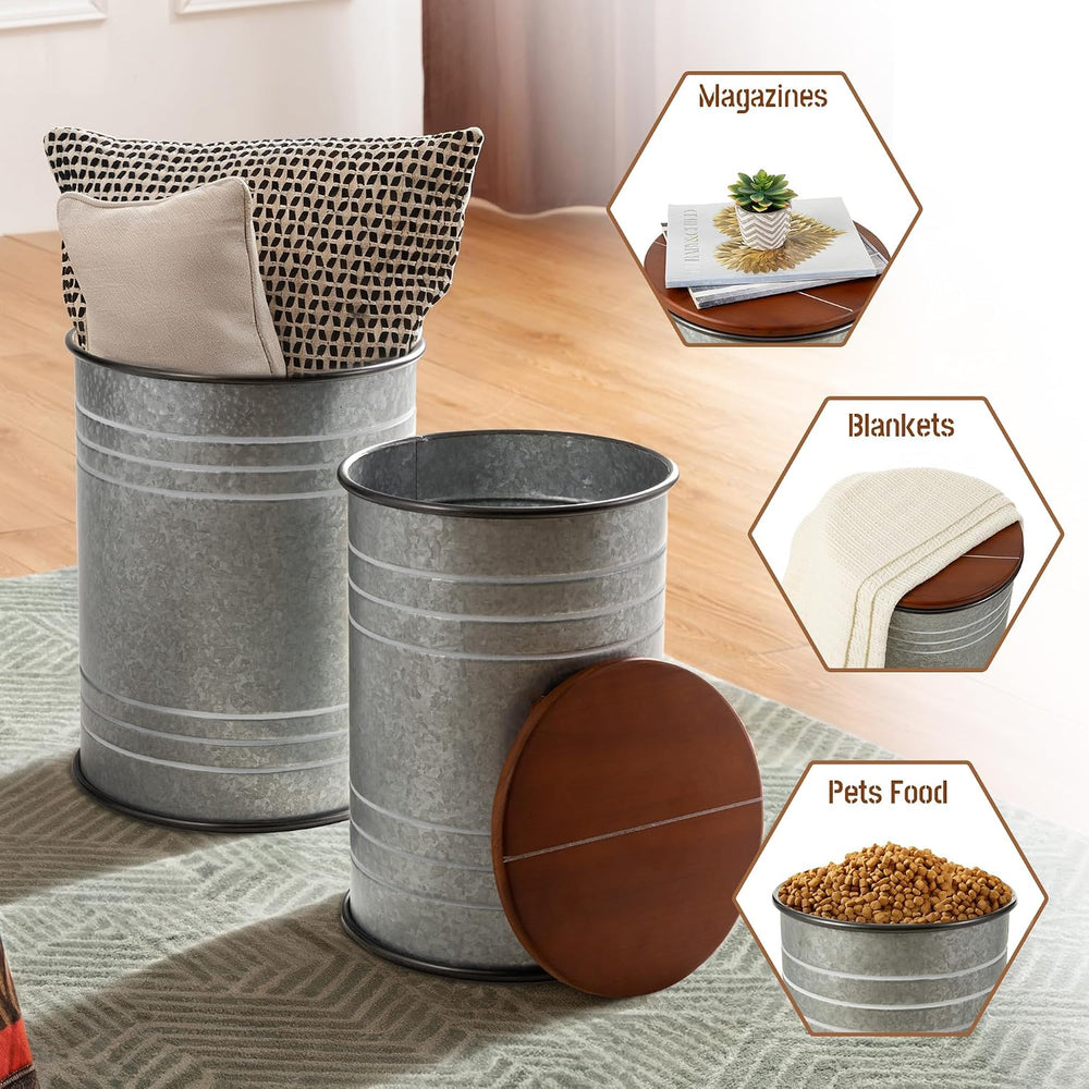 Glitzhome Farmhouse Accent Side Table, Metal Storage Stool Ottoman with Round...