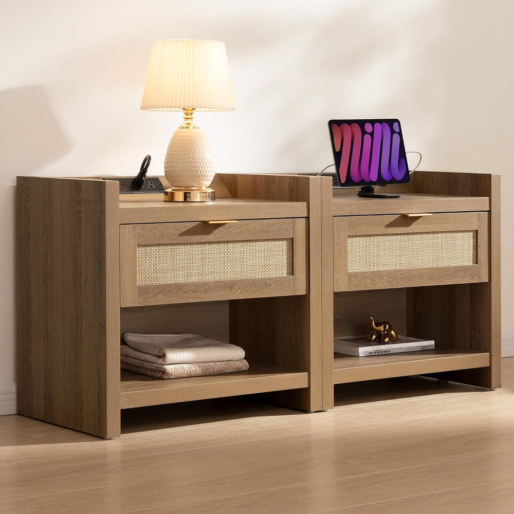 SICOTAS Rattan Night Stand Set of 2, Bedside Table with Large Drawer