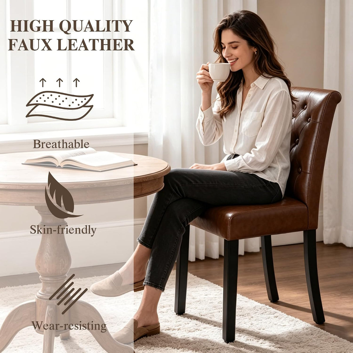 LSSBOUGHT Set of 2 Modern Tufted Dining Chairs, Button Padded Fabric Chairs with Solid Wood Legs, Upholstered Armless Dining Side Chairs for Home Dining Room(Brown,No Table)