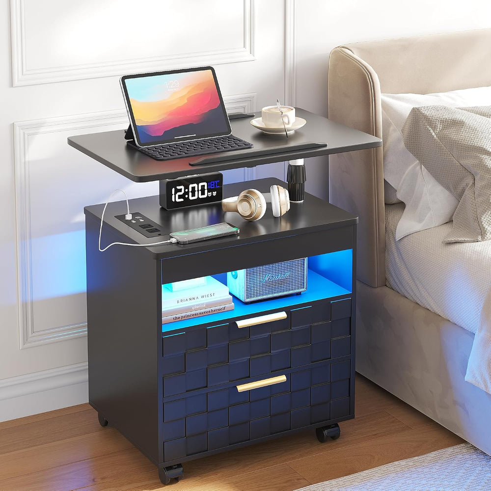Lareth Rolling Nightstand with Wheels, LED Lights, Charging Station