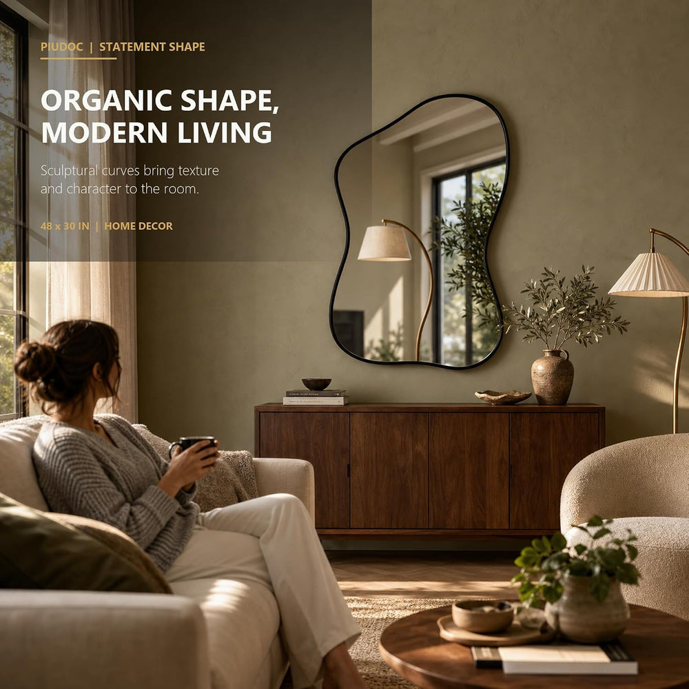 48''x30'' Irregular Wall Mirror with Black Frame, Asymmetrica...