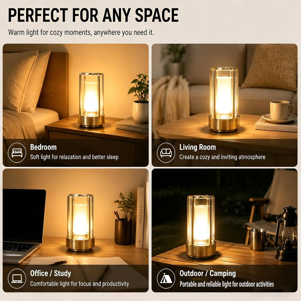Rechargeable Crystal Table Lamp, 3-Color Touch LED, Gold