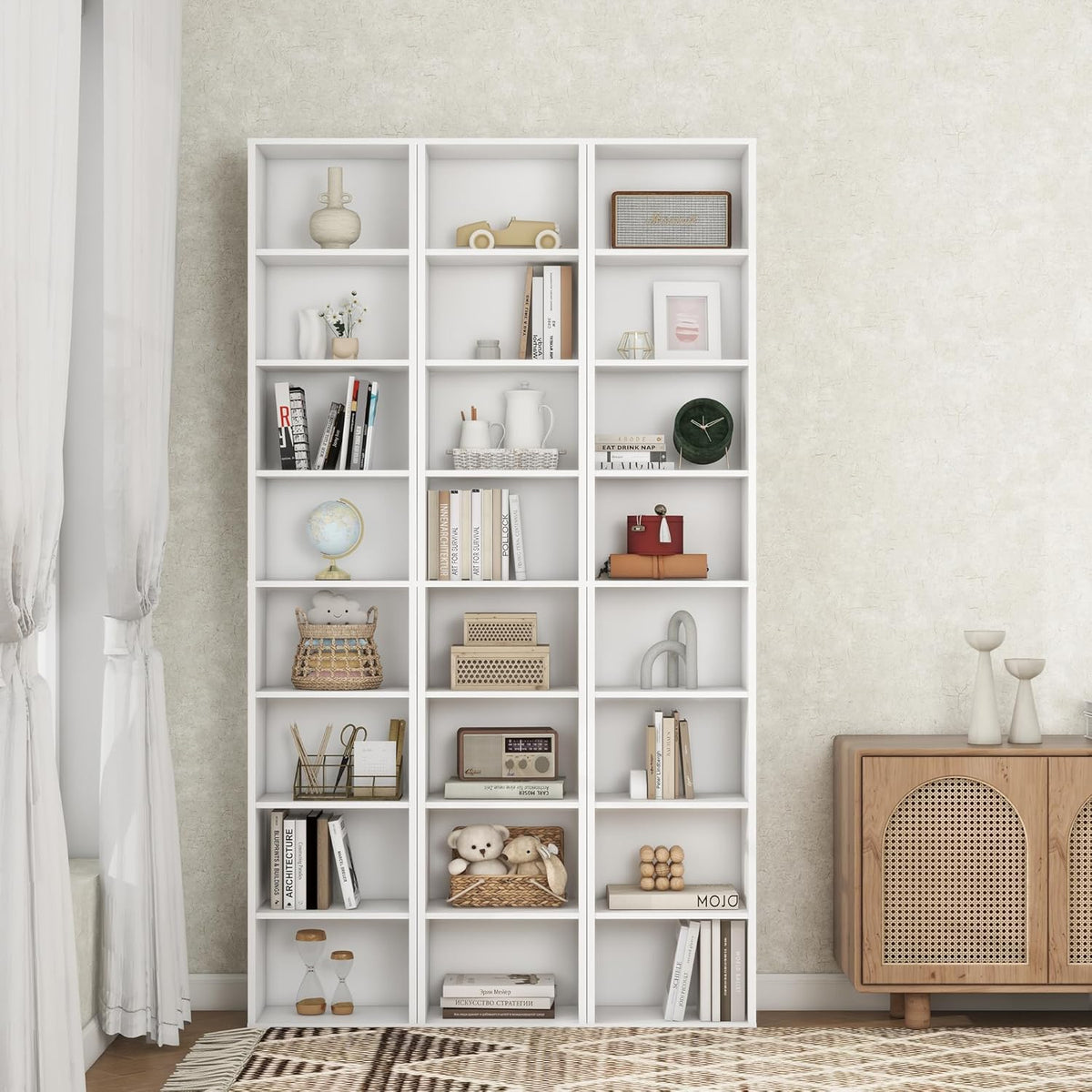 panana 8 tier storage shelf bookcase, slim organizer shown in use