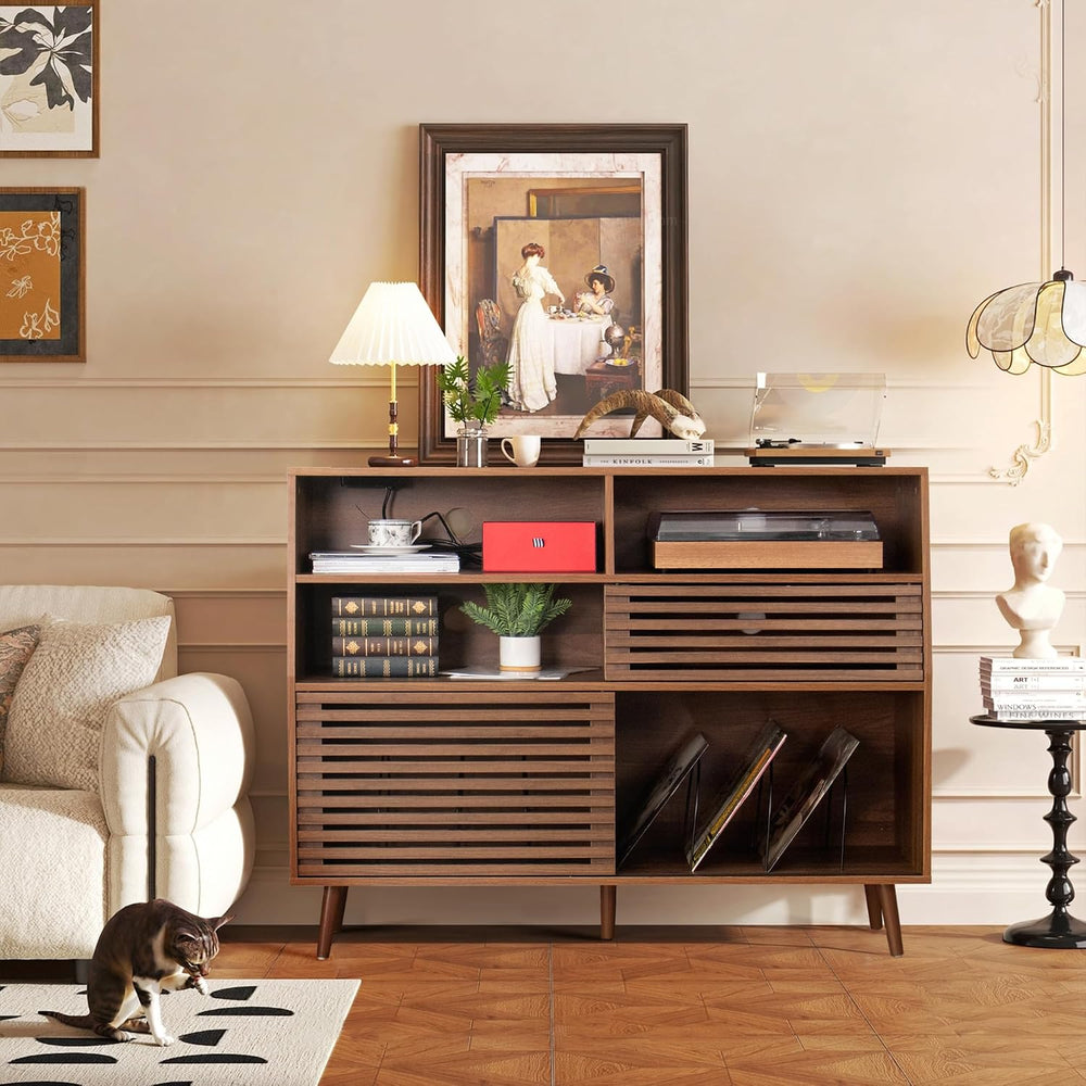 Jluomei Large Record Player Stand, Mid-Century Turntable Stand with Doors and...