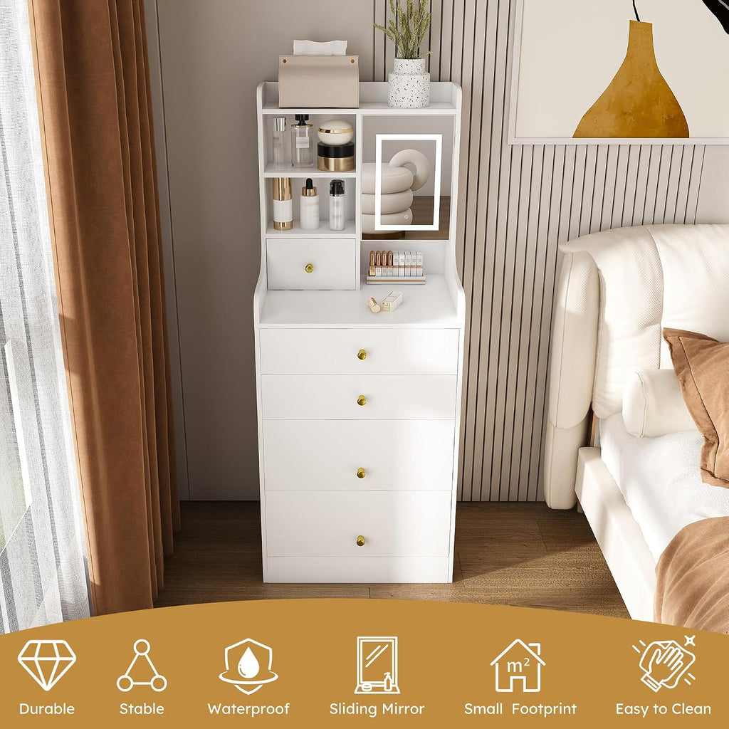 Runboll Compact Dressing Table with Storage Stool & Adjustable Lighted Mirror, 3-in-1 Small Makeup Vanity Desk with 4 Drawers & Open Shelves, for Small Space