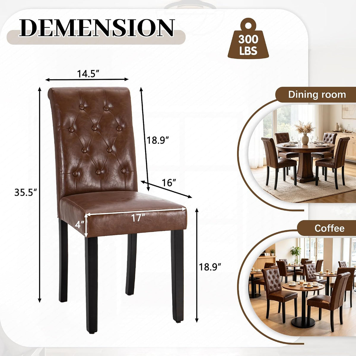 LSSPAID Dining Chairs Set of 2, Modern Armless Parsons Side Chairs, Upholstered Button-Tufted PU Leather Dining Kitchen Chairs with Solid Wood Legs, Brown