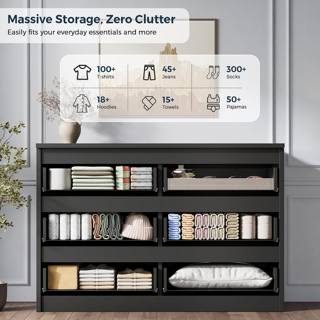 Jocoevol 6 Drawer Fluted Dresser, Modern Chest of Drawers for Bedroom with Hidden Handles, Wood Storage Organizer Cabinet for Living Room & Entryway, Black (15.7" D x 47.3" W x 31.6" H)