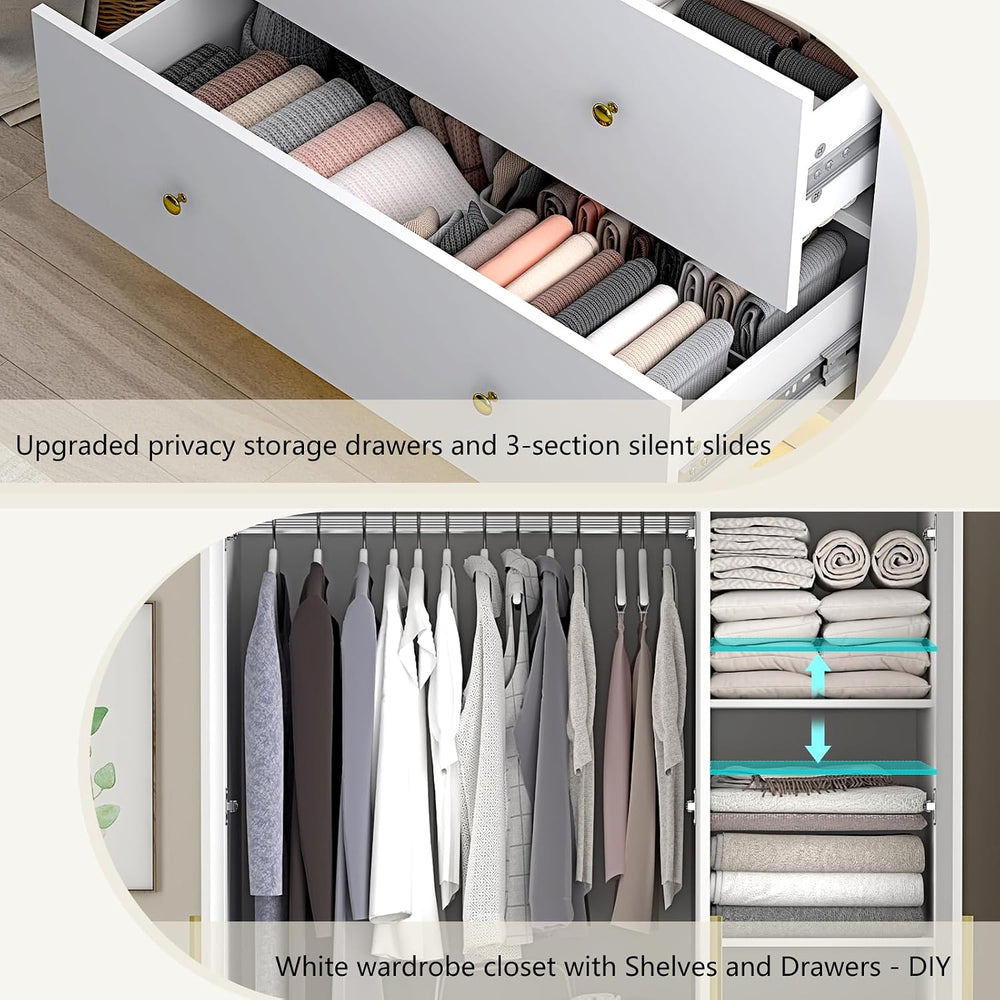 jiteentarou 3 Door Wardrobe Closet with Mirror & LED Lights, Bedroom Armo...