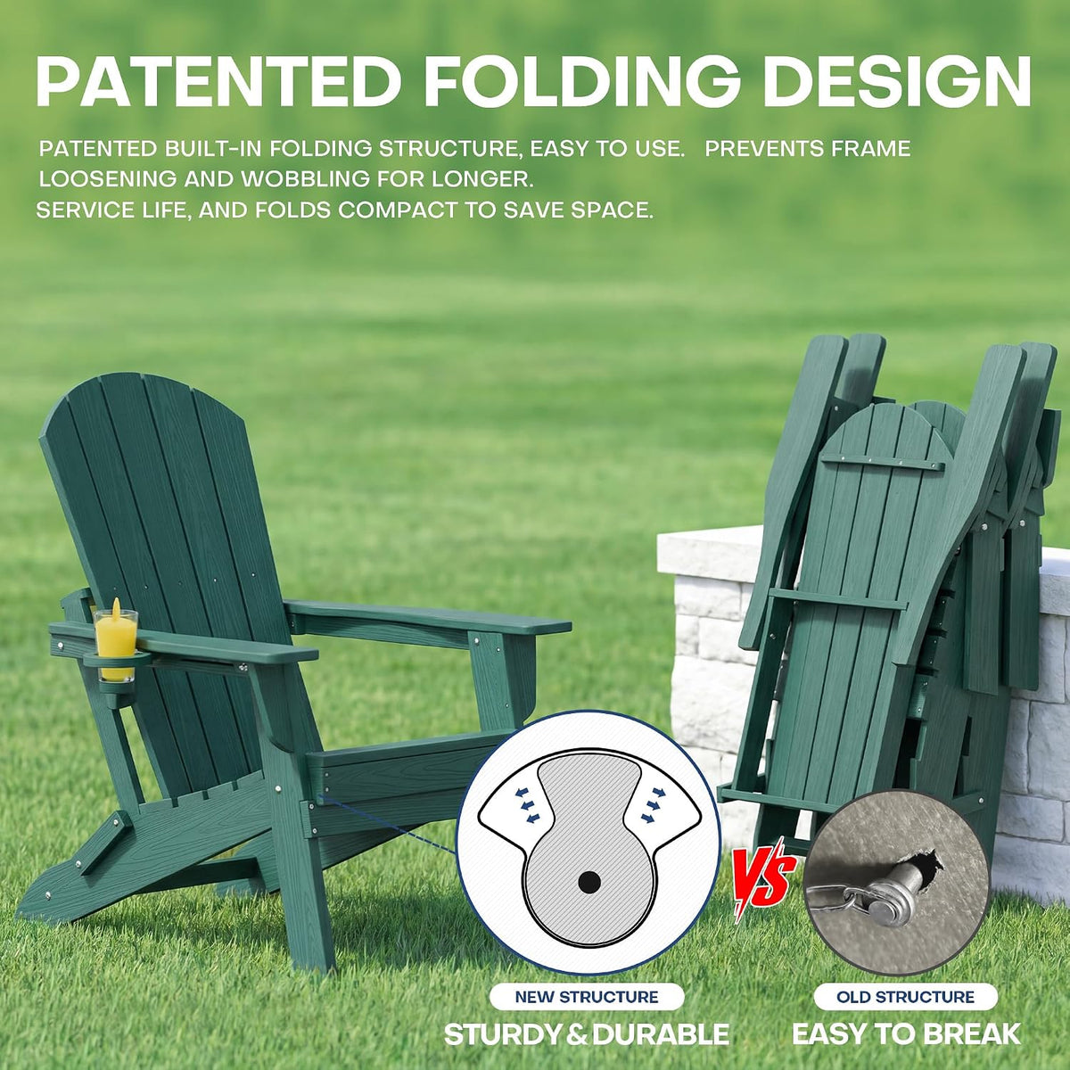 Adirondack Chair Set of 2 with Cup Holders&Table, Green