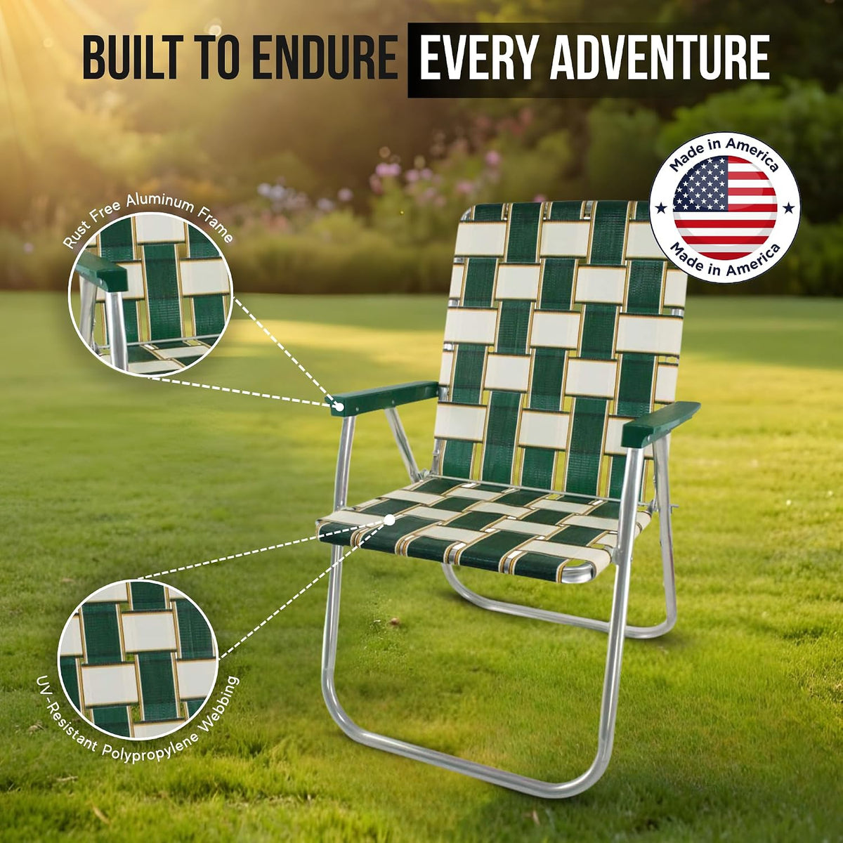 Lawn Chair USA Folding Aluminum Outdoor Patio Lawn Chair | Heavy-Duty Webbed Chairs for Camping, Sports, Beach, Yard & Tailgating | Lightweight Portable | Classic - Black and White Stripe