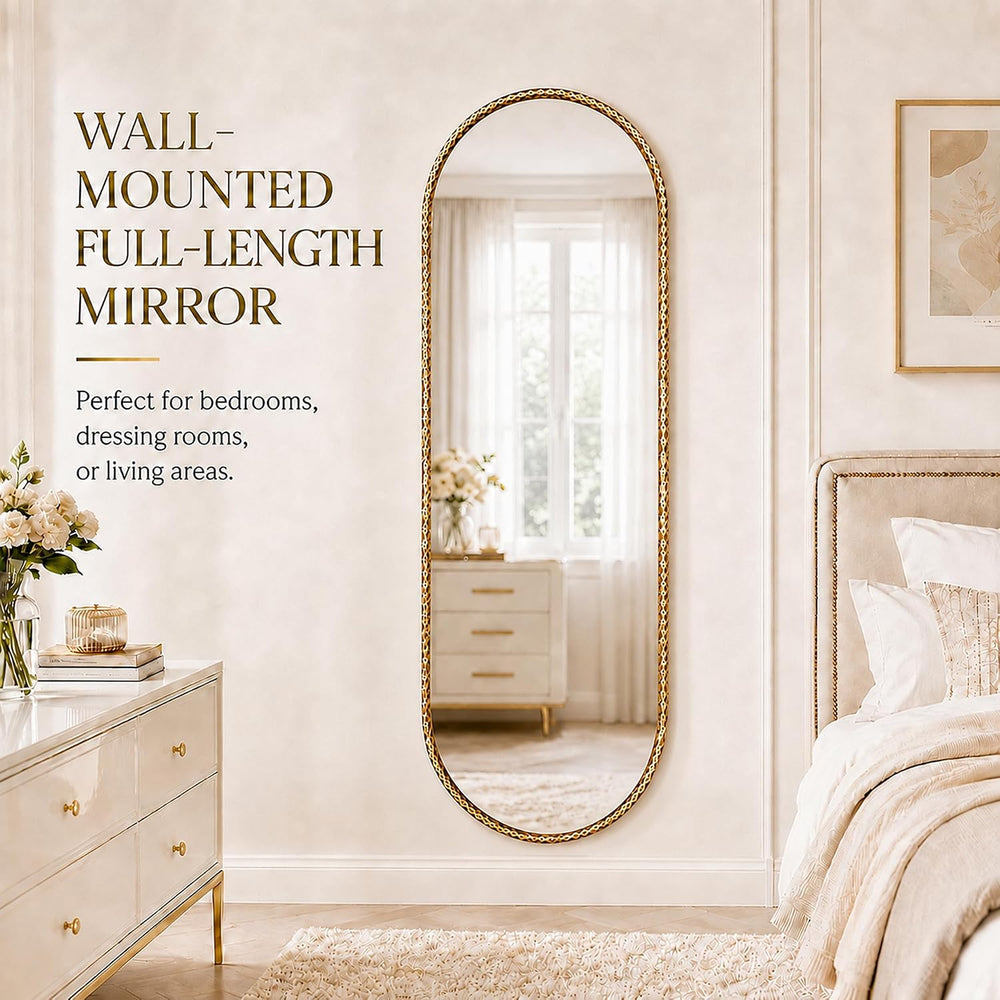 20"x53" Long Oval Full Length Wall Mounted Mirror, Antique Gold