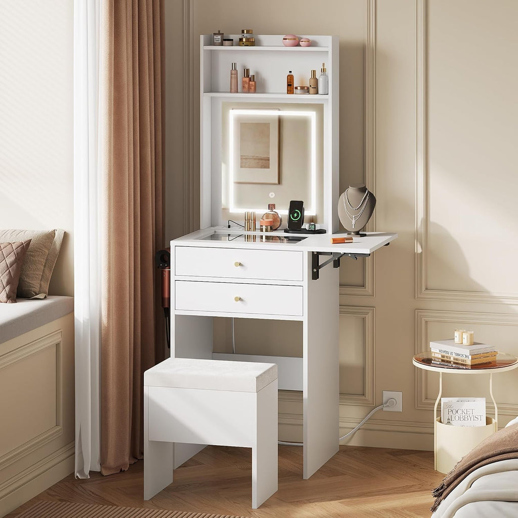 WLIVE Small White Vanity Desk with Mirror and Adjustable Lights for Girls | Compact Makeup Vanity Set with Fold-up Panel, Womens Vanity Table with Charging, 2 Drawers Vanity with Glass Top for Bedroom