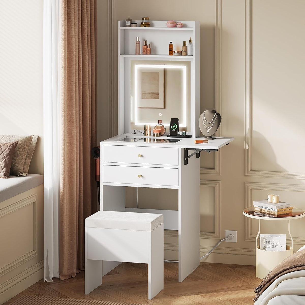 WLIVE Small White Vanity Desk with Mirror and Adjustable Lights for Girls | Compact Makeup Vanity Set with Fold-up Panel, Womens Vanity Table with Charging, 2 Drawers Vanity with Glass Top for Bedroom