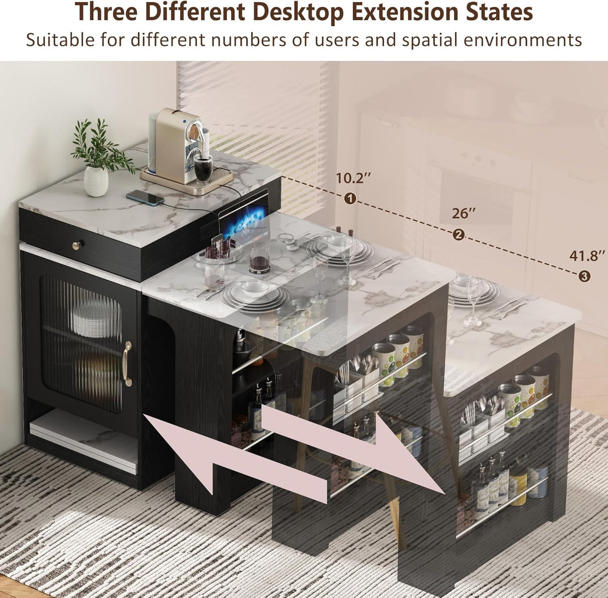 Virubi 59.5" Kitchen Island with Extendable Dining Table, Kitchen Storage Table with Double-Sided Storage & 2 Drawers, Power Outlet, Side Open Shelves, for Dining Room (Black3)