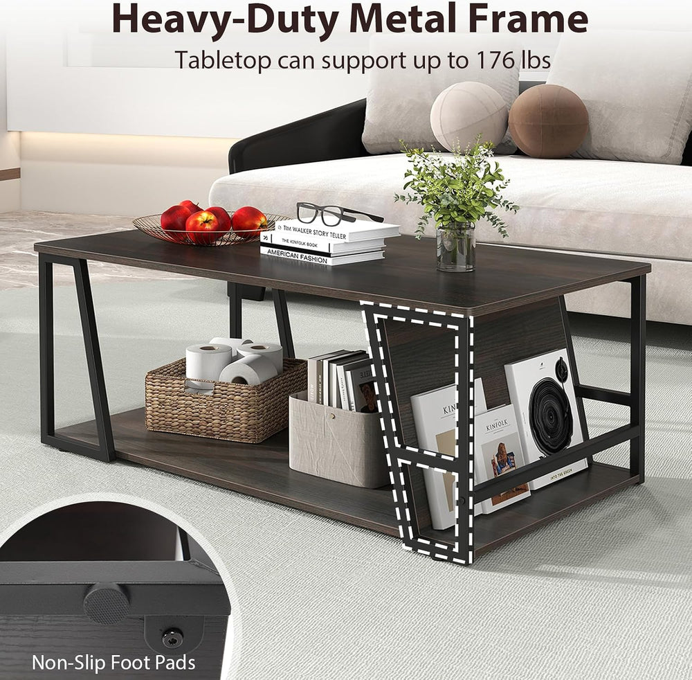 GIANTEX Modern Coffee Table with Storage, 2-Tier Wood Center Table, Brown
