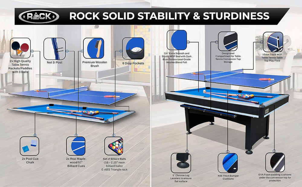 RACK Scorpius 7-Foot Multi-Game Pool Table - Full-Size Billiards with Table T...