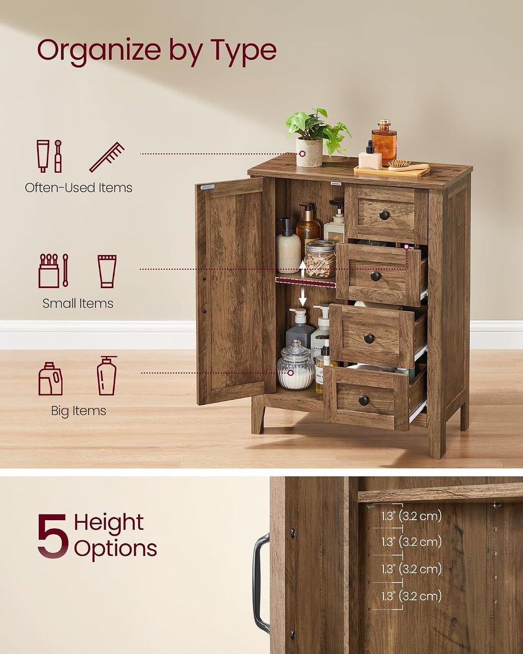 VASAGLE Farmhouse Storage Cabinet with Door, 4 Drawers, Adjustable Shelves