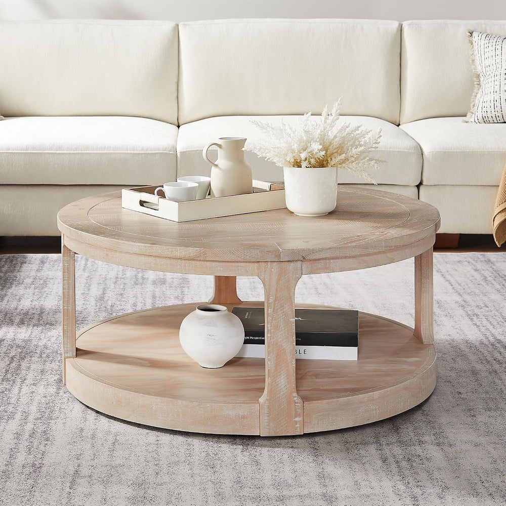 WILLIAMSPACE 40" Round Coffee Table with Wheels, Circle 2 Tier Solid Woo...