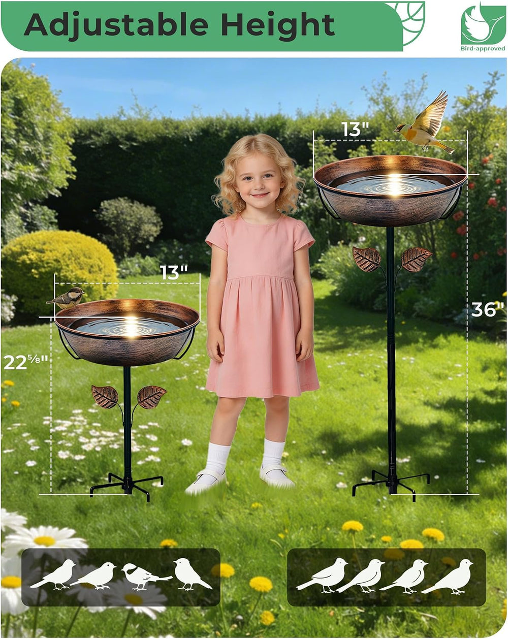 13" Metal Bird Bath for Outside 3" Deep Removable Bowl with Stake