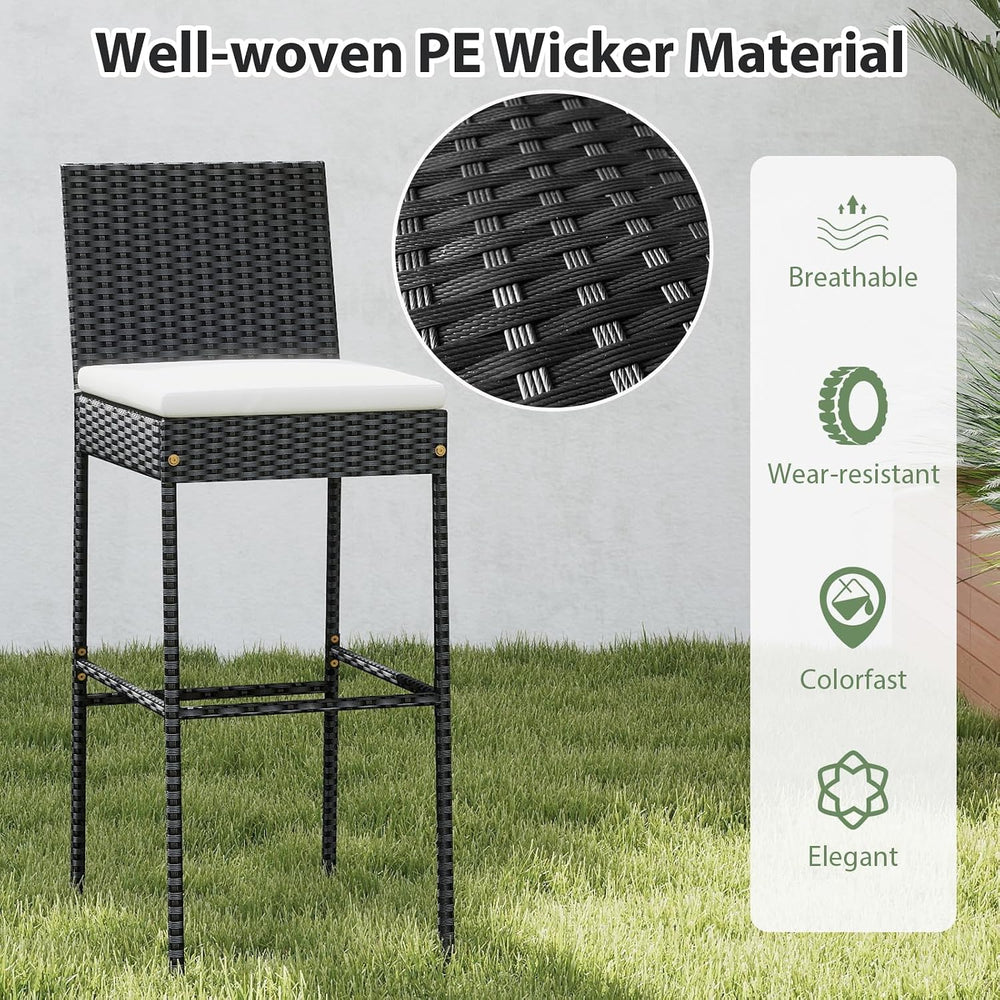 COSTWAY Outdoor Wicker Bar Stools Set of 2 with Cushion and Back Support