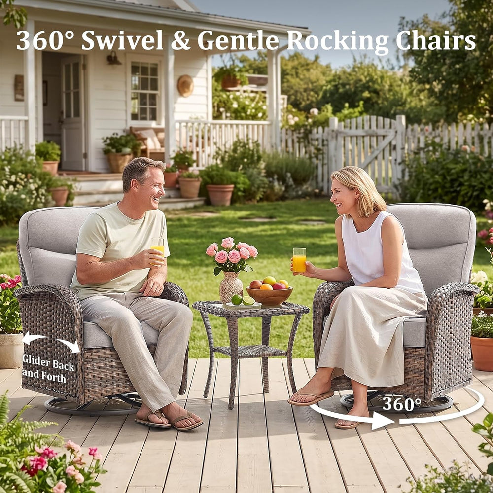 3Pc Patio Furniture Set, Swivel Chairs & Side Table Brown/Gray