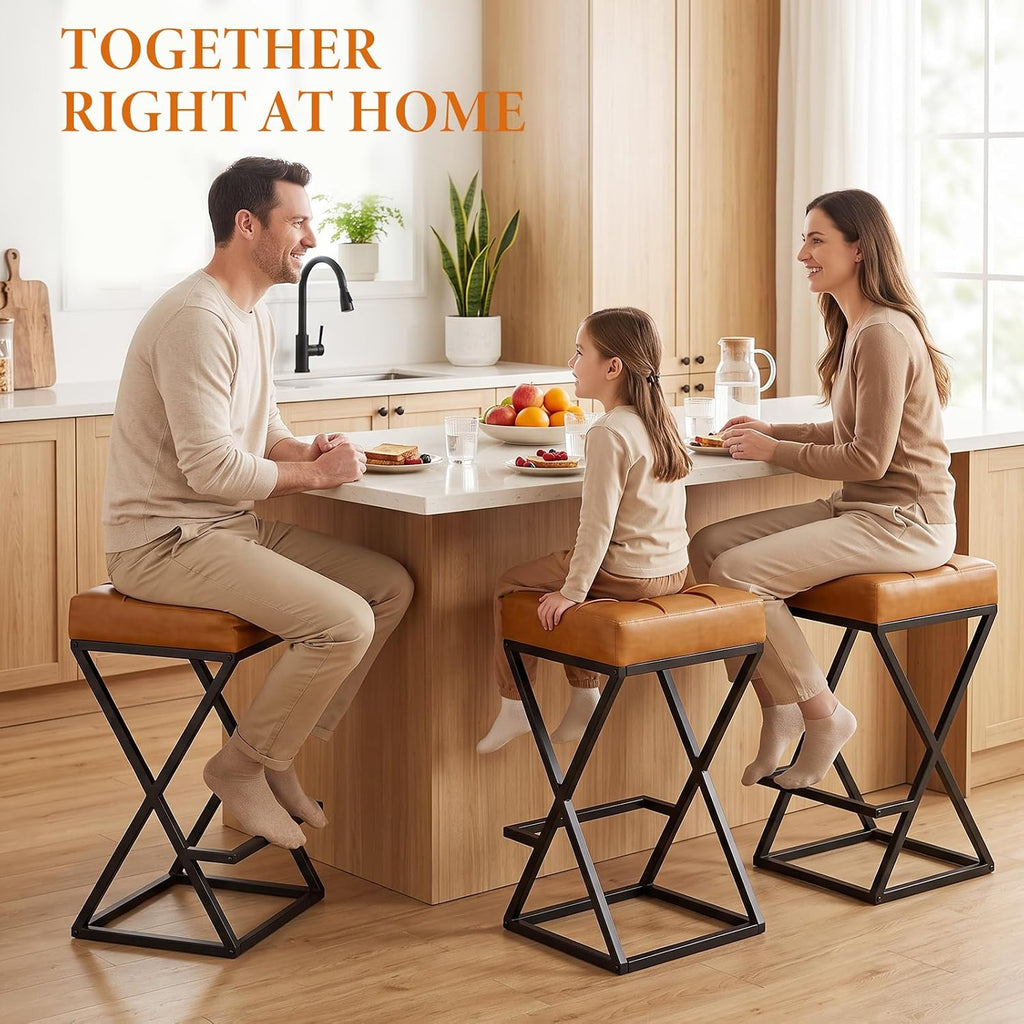 Bar Stools Set of 4, 26 Inch Counter Height Stool Faux Leather Brown