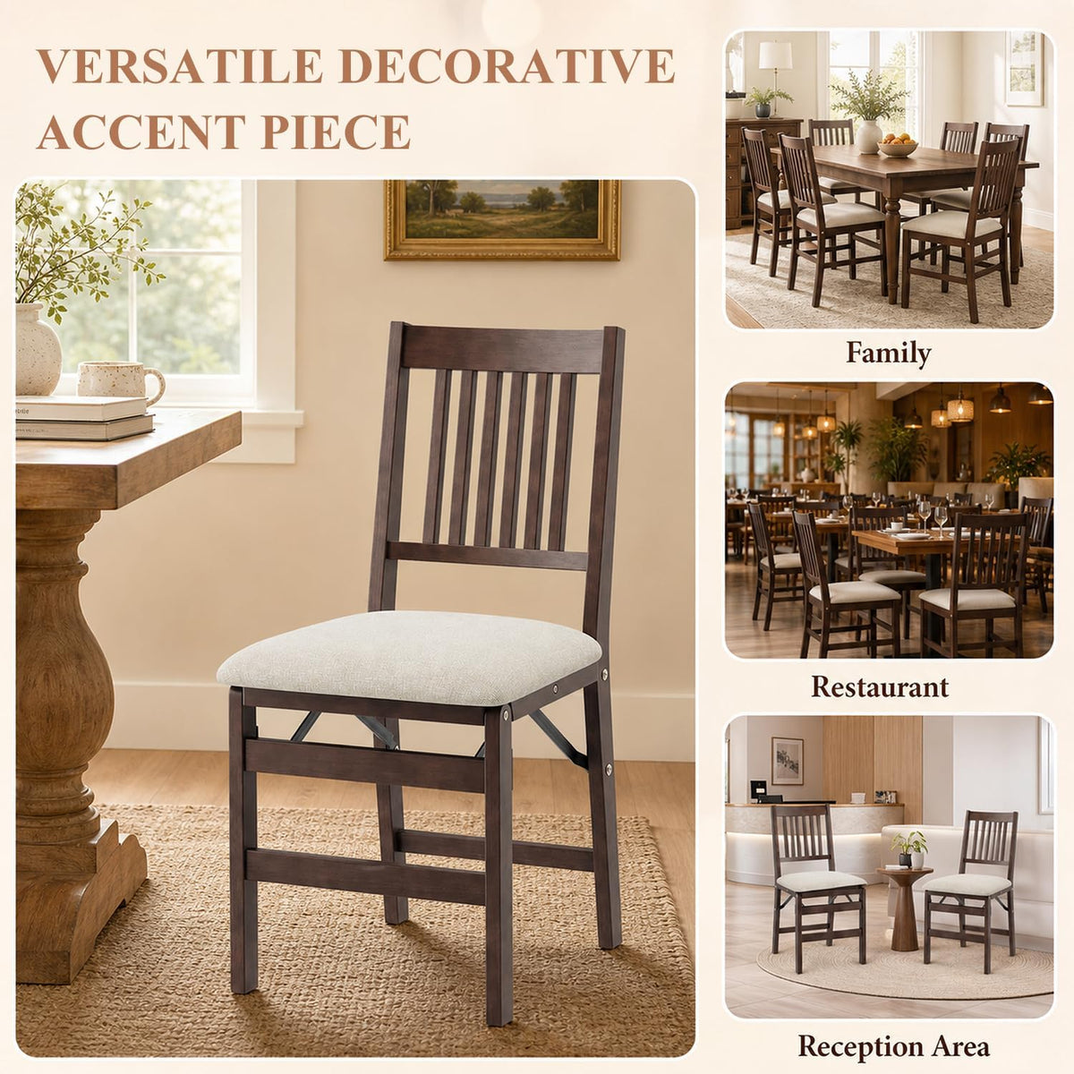 Folding Wood Dining Chairs Set of 2 – No Assembly, Beige Fabric Cushion