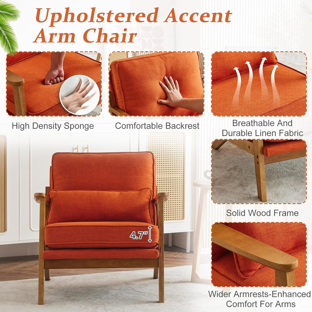 VINGLI Solid Wood Wide Armrests Accent Chair,Upholstered Mid Century Modern C...