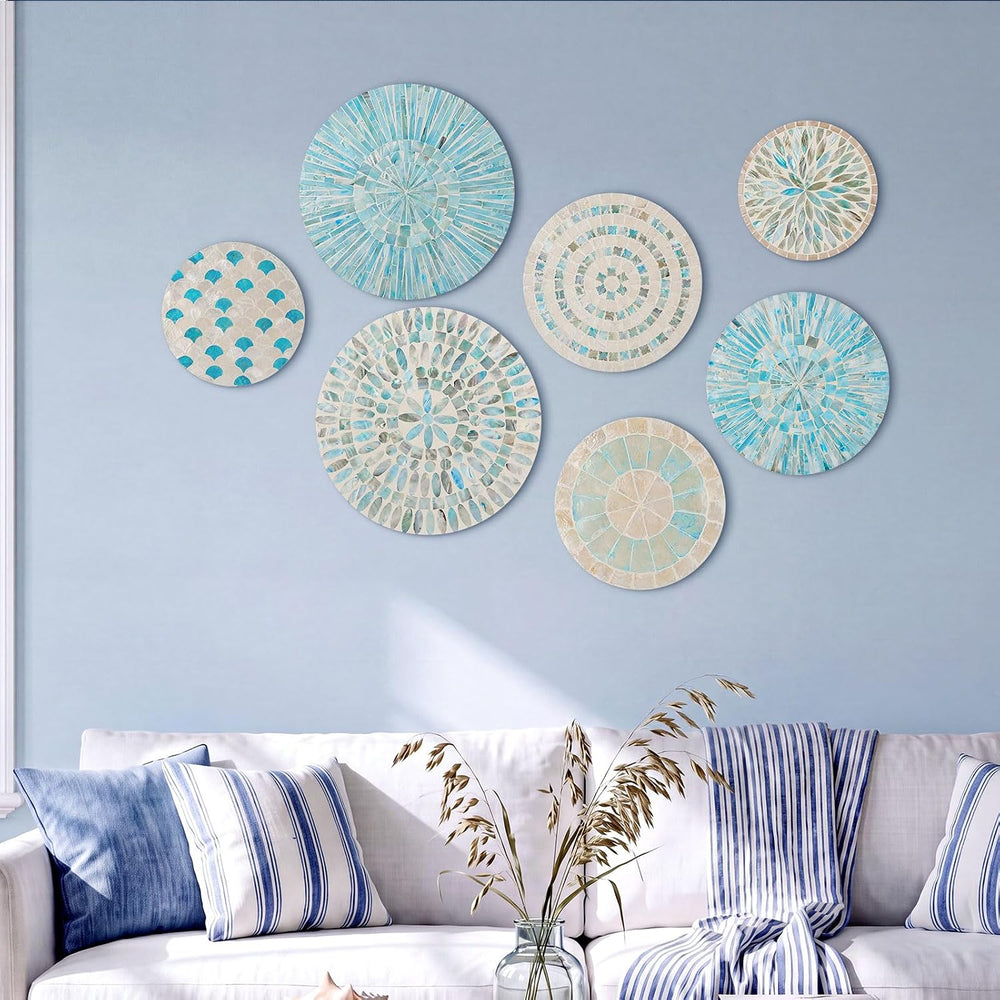 Tioncy 7 Pcs Assorted Blue Mother of Pearl Shell Plate Coastal Wall Art