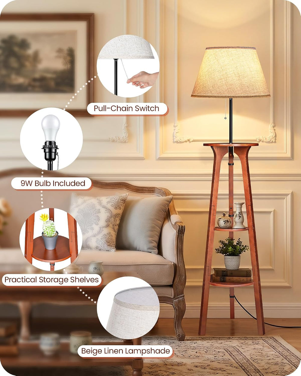 3 Tier Shelf Floor Lamps, Wood Tripod Floor Lamp, Linen Lampshade