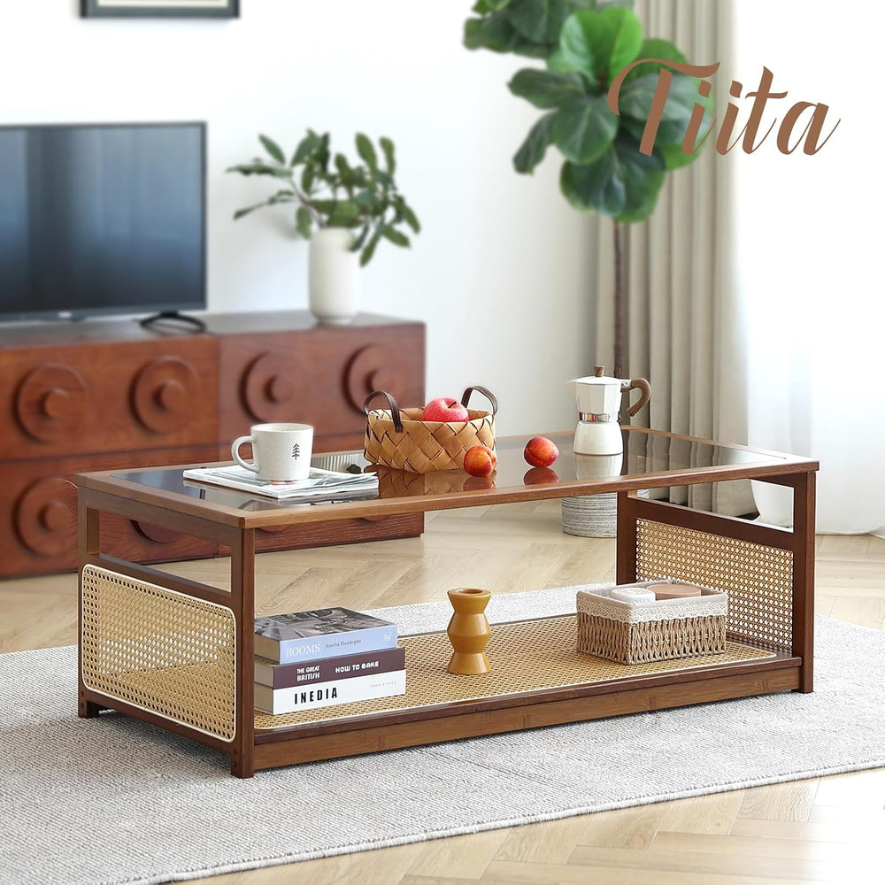Tiita Large Bamboo Rectangle Coffee Table, Glass Top, Rattan Storage, Brown